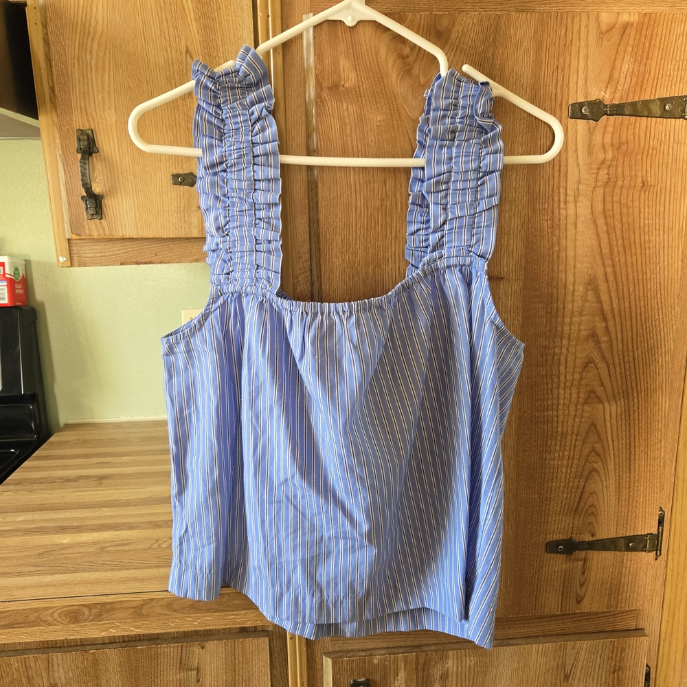 Cropped Blue Striped Ruffle Strap Tank Top - Picture 2 of 4